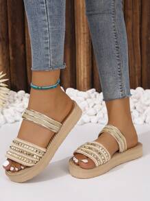 Women Studded Decor Flatform Slide Sandals, Vacation Sandals - Multicolor - View 4