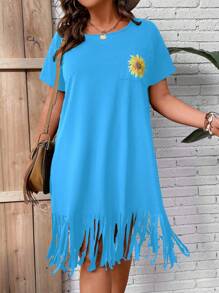 SHEIN Clasi 大碼向日葵圖案流蘇下擺T恤連衣裙 - 藍色 - 查看 1