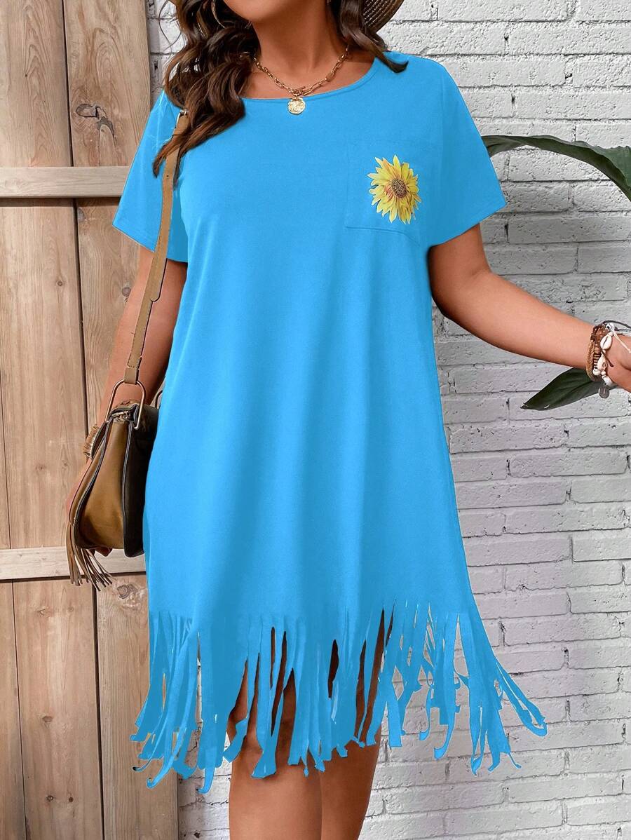 SHEIN Clasi 大碼向日葵圖案流蘇下擺T恤連衣裙 - 藍色 - 查看 1