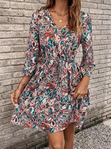 SHEIN LUNE 印花腰部抽繩連衣裙 - 彩色 - 查看 5