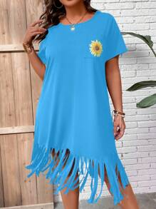 SHEIN Clasi 大碼向日葵圖案流蘇下擺T恤連衣裙 - 藍色 - 查看 3