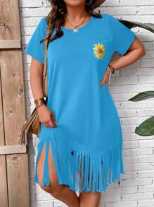 SHEIN Clasi 大碼向日葵圖案流蘇下擺T恤連衣裙 - 藍色 - 查看 7