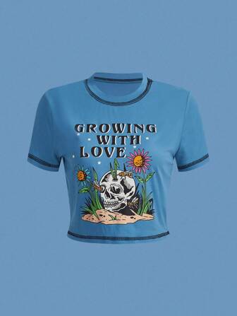 Creatorimage T-shirt Tête De Mort & Graphique De Slogan À Surpiqûres