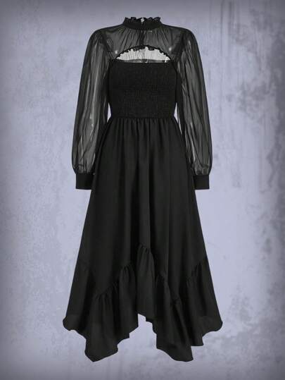 Goth Contrast Mesh Asymmetrical Ruffle Hem Dress