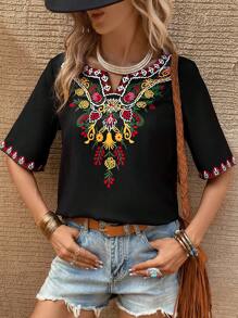 SHEIN LUNE 印花缺口領襯衫 - 彩色 - 查看 1