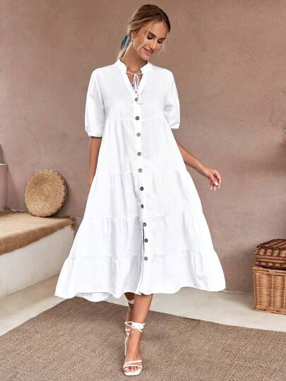 EURMUSE Women's Solid Color Tie Collar Short Puff Sleeve Single-Breasted Casual Dress