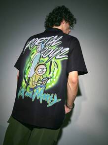 ROMWE MEN Rick and Morty | ROMWE Camisa Masculina Con Gráficos De Caricaturas Y Letras - Negro - Ver 1