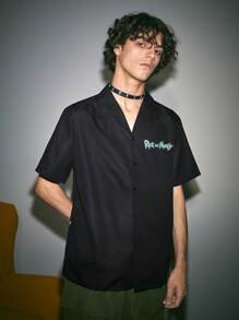 ROMWE MEN Rick and Morty | ROMWE Camisa Masculina Con Gráficos De Caricaturas Y Letras - Negro - Ver 6
