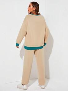 SHEIN EZwear Letter Graphic Drop Shoulder Sweatshirt & Joggers - Apricot - View 2