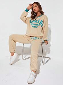 SHEIN EZwear Letter Graphic Drop Shoulder Sweatshirt & Joggers - Apricot - View 4