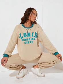 SHEIN EZwear Letter Graphic Drop Shoulder Sweatshirt & Joggers - Apricot - View 5