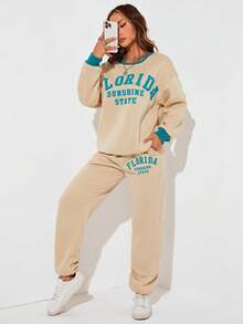 SHEIN EZwear Letter Graphic Drop Shoulder Sweatshirt & Joggers - Apricot - View 6