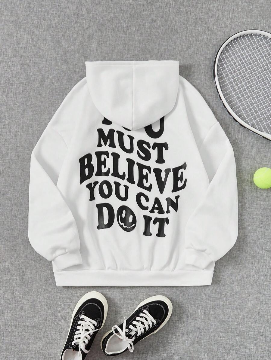 Muchica Đồ họa Khẩu hiệu Thả vai Hoodie - trắng - Xem 1