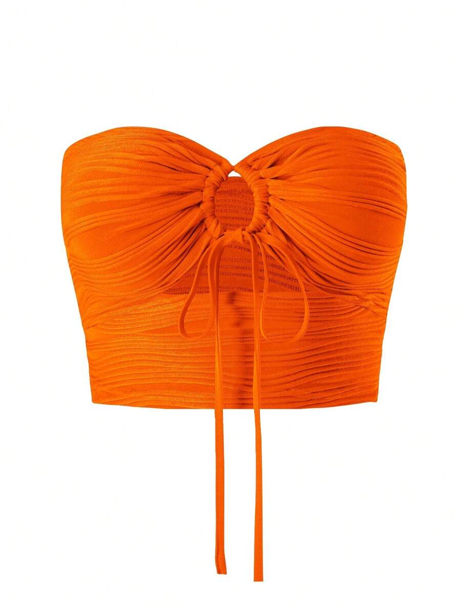 EMERY ROSE Drawstring Ruched Bustier Tube Top - Orange - View 1