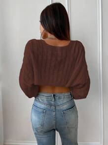 Chiquease 纯色前开襟短款开衫、长袖上衣 - 巧克力棕 - 查看 2