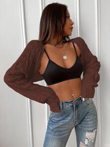 Chiquease 纯色前开襟短款开衫、长袖上衣 - 巧克力棕 - 查看 4