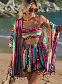 Breezaya Geo Print Cami Top & Tassel Trim Shorts & Kimono - Multicolor - View 1