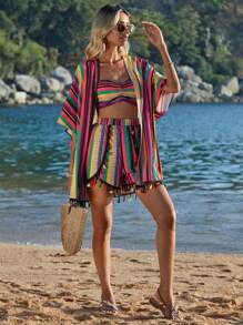 Breezaya Geo Print Cami Top & Tassel Trim Shorts & Kimono - Multicolor - View 3