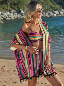 Breezaya Geo Print Cami Top & Tassel Trim Shorts & Kimono - Multicolor - View 4