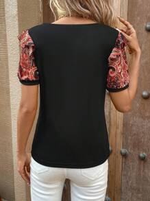 SHEIN LUNE In hoa Paisley Viền Ruffle Áo thun - màu đen - Xem 3