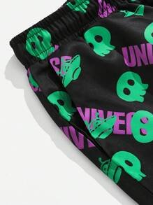 ROMWE MEN Street Life 男士外星人和字母圖案腰部抽繩短褲 - 彩色 - 查看 4