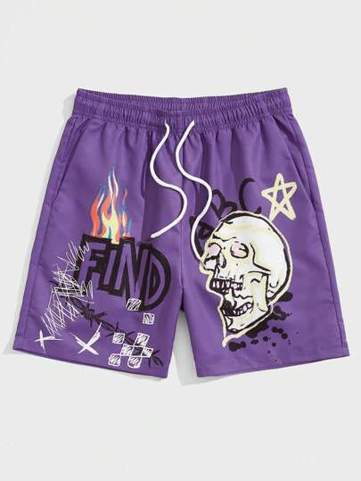 Street Life Guys Skull & Letter Graphic Drawstring Waist Shorts