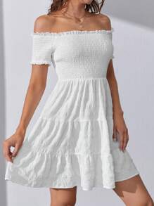 SHEIN Tall Off Shoulder Ruffle Hem Dress - White - View 4