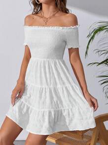 SHEIN Tall Off Shoulder Ruffle Hem Dress - White - View 6