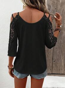 EMERY ROSE 蕾絲拼接挖肩T恤 - 黑色 - 查看 2