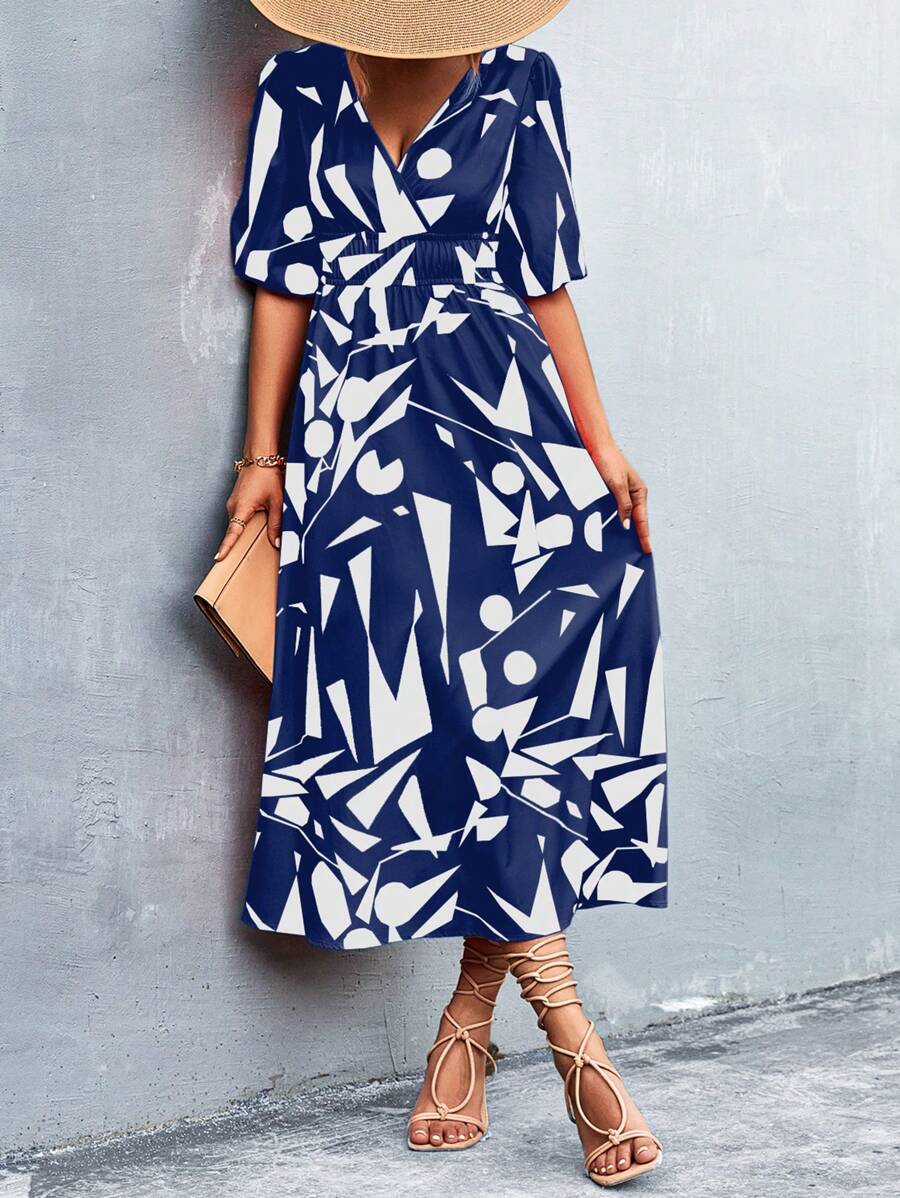 SHEIN Privé Allover Print Puff Sleeve Dress - Blue and White - View 1