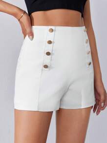 SHEIN Tall 高腰紐扣細節短褲 - 白色 - 查看 3