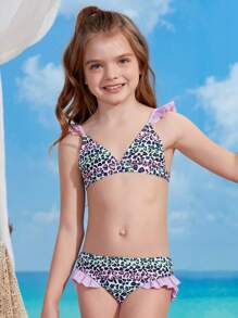 Tween Girl Leopard Frill Trim Bikini Set Summer Beach - Multicolor - View 1
