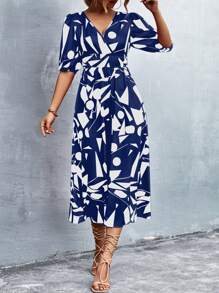 SHEIN Privé Allover Print Puff Sleeve Dress - Blue and White - View 5
