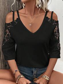 EMERY ROSE 蕾絲拼接挖肩T恤 - 黑色 - 查看 6
