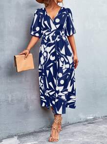 SHEIN Privé Allover Print Puff Sleeve Dress - Blue and White - View 6