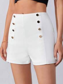 SHEIN Tall 高腰紐扣細節短褲 - 白色 - 查看 5