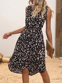 Breezaya Đầm in họa tiết thắt nút phía trước cho kỳ nghỉ bãi biển dành cho nữ - màu đen - Xem 3