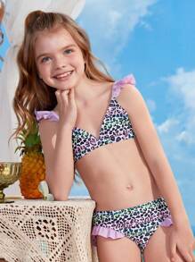Tween Girl Leopard Frill Trim Bikini Set Summer Beach - Multicolor - View 6