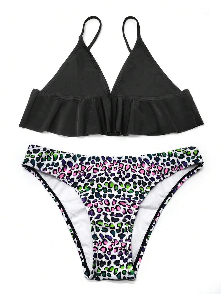 Conjunto de bikini con estampado de leopardo y volantes en el bajo para niña preadolescente, para playa de verano - Multicolor - Ver 1