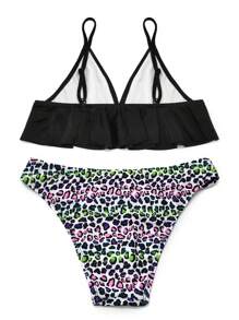 Conjunto de bikini con estampado de leopardo y volantes en el bajo para niña preadolescente, para playa de verano - Multicolor - Ver 2