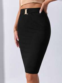 SHEIN Tall Chất rắn Chi tiết nút buộc Váy bodycon - màu đen - Xem 1