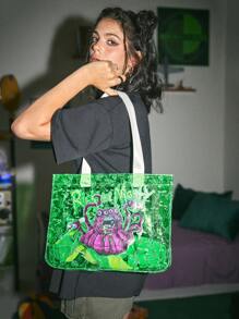 Rick and Morty | ROMWE Medium Shopper Bag Cute Cartoon Graphic Sheer - Green - View 1