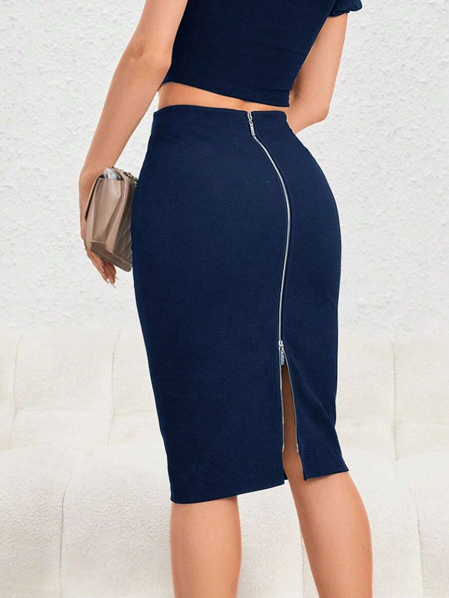 Firerie Women's Elegant Fashionable Minimalist Sexy PU Zipper Front Slit Skirt Fall Skirts - Navy Blue - View 1