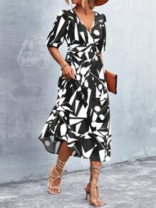 SHEIN Privé Geo Print Surplice Neck Dress