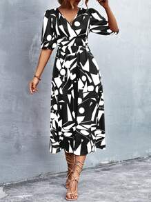 SHEIN Privé Geo Print Surplice Neck Dress