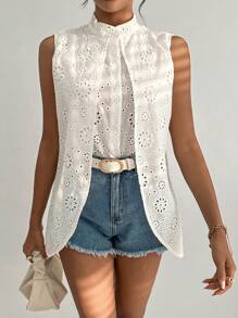 SHEIN Essnce Lỗ gắn thêu Cổ giả Viền không đối xứng Áo không tay - trắng - Xem 3