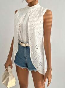 SHEIN Essnce Lỗ gắn thêu Cổ giả Viền không đối xứng Áo không tay - trắng - Xem 5