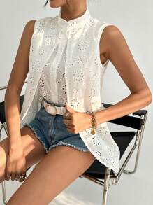 SHEIN Essnce Lỗ gắn thêu Cổ giả Viền không đối xứng Áo không tay - trắng - Xem 6