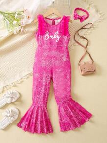 SHEIN Young Girl Letter Graphic Ruffle Hem Flare Leg Jumpsuit - Hot Pink - View 7