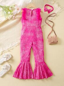 SHEIN Young Girl Letter Graphic Ruffle Hem Flare Leg Jumpsuit - Hot Pink - View 8